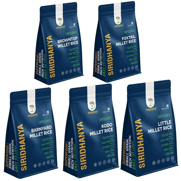 Siridhanya Unpolished Millet Rice Combo – Foxtail, Browntop, Kodo, Barnyard & Little Millet | Naturally Gluten Free | High Fibre Grains | 500 g Each